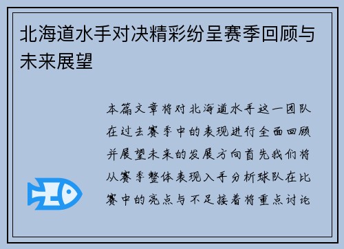 北海道水手对决精彩纷呈赛季回顾与未来展望