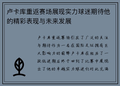 卢卡库重返赛场展现实力球迷期待他的精彩表现与未来发展