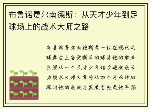 布鲁诺费尔南德斯：从天才少年到足球场上的战术大师之路